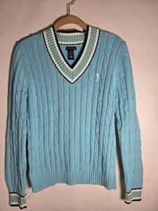 Vintage Izod Women’s Size M Teal V Neck Cotton Golf Logo Cable Knit Sweater - Picture 1 of 7