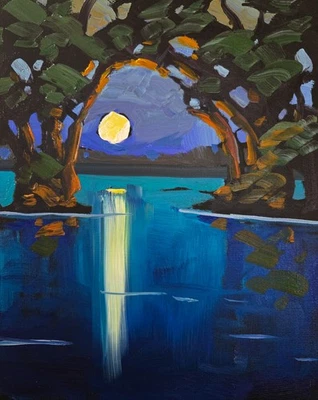 Moody Moon Impressionism Landscape Painting Original Canvas Panel Hawkins Studio - Image 1 of 4