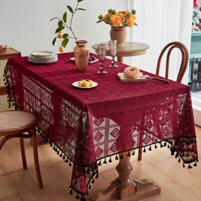 Vintage Burgundy Hand Crochet Lace Tablecloth Table Cover Wedding Party Decor - Image 1 of 4