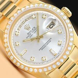 ROLEX MENS DAY-DATE PRESIDENT 1803 SILVER DIAL 18K YELLOW GOLD DIAMOND WATCH