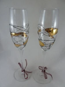 Romanian Milano Mosaic Stained Glass Hand-blown Crystal Flutes set of two (2) - Picture 1 of 4