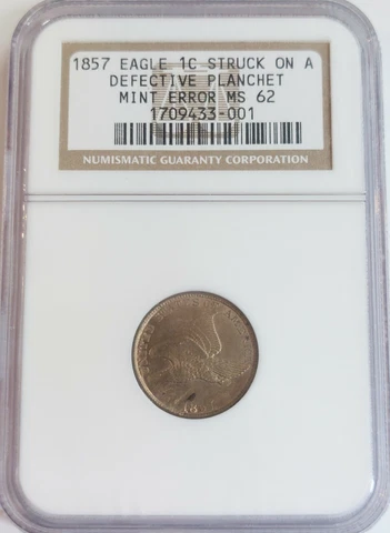 1857 FLYING EAGLE ✰ MINT ERROR ✰ Cent Struck On Defective Planchet Coin NGC MS62 Cover