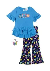 NWT Rare Editions Girls 4 Blue Short Bell Sleeve Ruffle Top Floral Pants Set - Picture 1 of 2