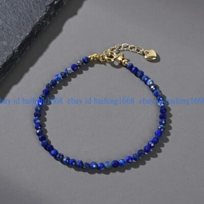 Natürliche 3mm Facettiert Blau Lapis Lazuli Runde Edelstein Perlen Armband 19cm - Bild 1 von 4