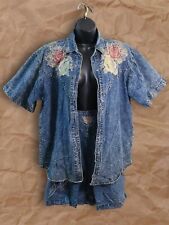 Women’s Vintage Blue Denim Studded Beaded Shirt Shorts 2 Piece Set US Size M/L