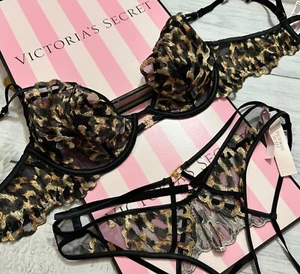 Victoria’s Secret Leopard Embroidery Unlined Low-Cut Demi Bra Brazilian Set 34DD - Picture 1 of 4