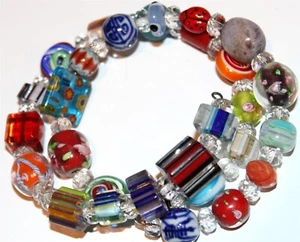 Vintage In Seattle Jewelry-Beautiful Mixed Lampwork Art Glass beads Bracelet 376 - Picture 1 of 2