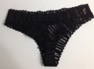 Victoria's Secret CHEEKY THONG PANTY S NEW Striped Black Honeycomb Lace V CUTOUT - Picture 1 of 2