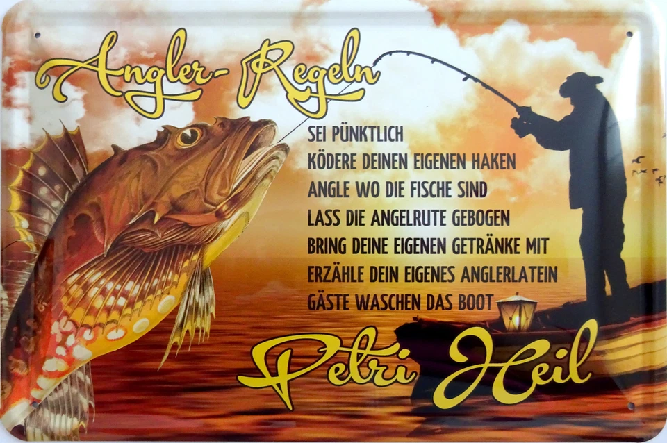 Blechschild Schild 20x30 cm - Angler Regeln angeln Petri Heil Fischen Fisch Boot - Bild 1 von 1