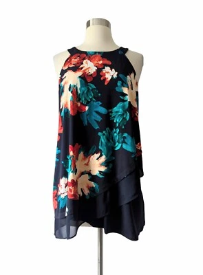 Blusa Top ELLEN TRACY Sin Mangas Azul Marino Floral Rojo Elastizada XL Foto 1 de 4