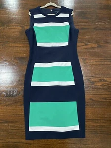 Tommy Hilfiger Dress Women's 4 Blue Green Sheath Crepe Sleeveless Round Neck Zip - Picture 1 of 6