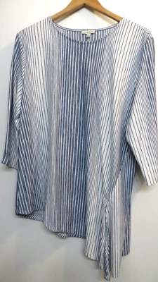 Seven Forty Two Shirt Womens Large Blue White Striped Tunic Asymmetrical 3/4 Slv - Image 1 of 4