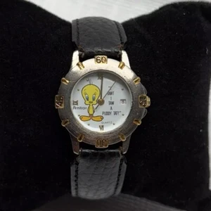 Reloj Armitron Tweety Bird 1994 de colección correa de cuero negro probado - Imagen 1 de 4
