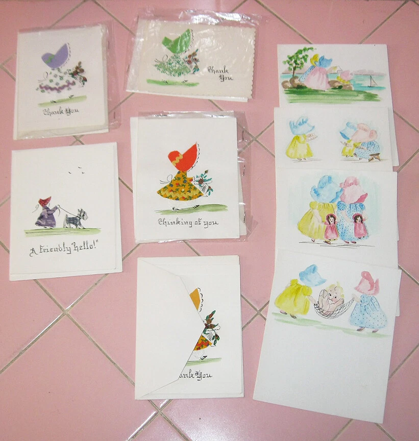 Lot 9 Handmade Note Cards Riede Bonnet Girls Dog Hand Painted Fabric Greeting  - Image 1 of 4