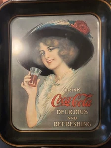 Drink Coca-Cola Delicious and Refreshing 1972 Vintage Metal Green Tray Lady Hat - Picture 1 of 2