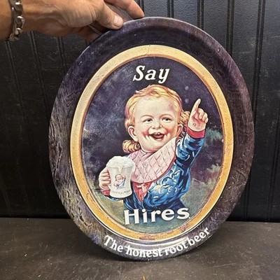 "Say Hires The Honest Root Beer" Beach Art Display Vintage Metal Tray Baby Sign - Image 1 of 3