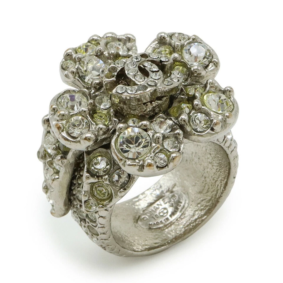 Chanel Camellia Flower Motif Ring Metal Rhinestone Women Silver One Size - Image 1 of 4