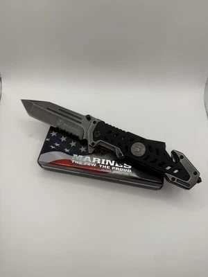 Cuchillo Plegable Asistido Táctico USMC | 9” Longitud Total | Cuchillo de Rescate Negro Foto 1 de 4