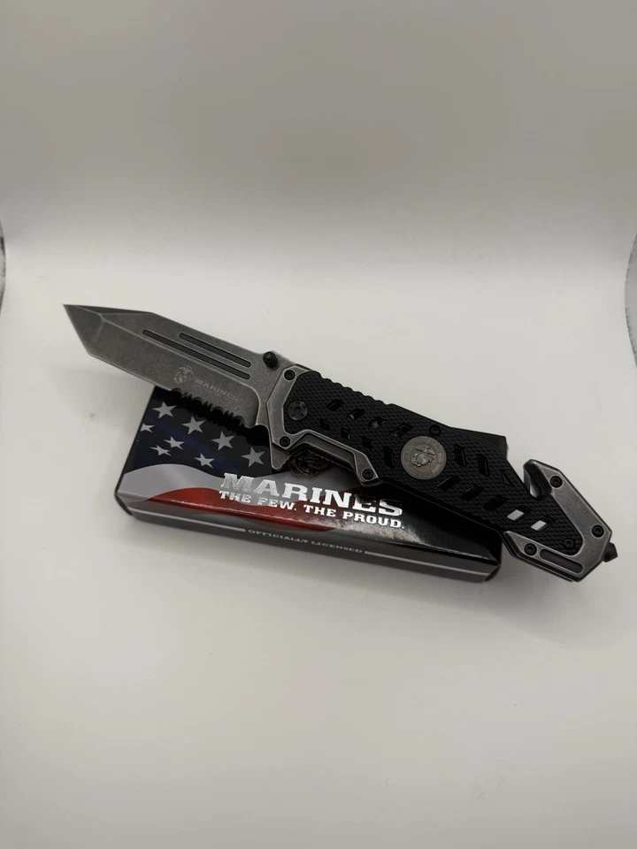 Cuchillo Plegable Asistido Táctico USMC | 9” Longitud Total | Cuchillo de Rescate Negro Foto 1 de 4