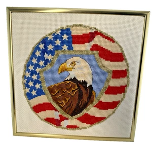 Patriotic Finished Cross Stitch Eagle Head in American Flag Wreath Framed 8 1/4" - Picture 1 of 8