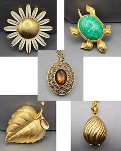 Lot of 5 Vintage Avon Solid Perfume Lockets Gold Tone 1970s–80s Signed - Picture 1 of 20