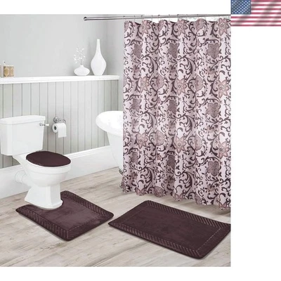 Juego de alfombra de baño y cortina de ducha antideslizante de espuma viscoelástica de 16 piezas - tema café Foto 1 de 3