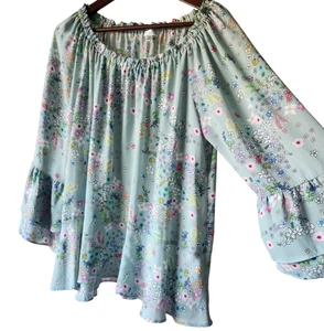 Spence Womens XL Top Green Floral Blouse Long Bell Sleeves Tiers Oversized Fairy - Picture 1 of 6