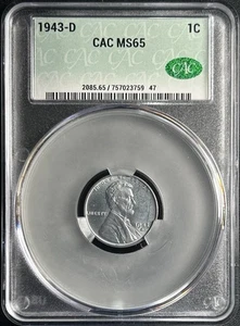 1943-D CAC MS65 Lincoln Steel Wheat Cent CACG Penny WWII - Bild 1 von 2