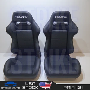Recaro Style Leather Black Single Adjuster Logo Seats Reclinable 2 Pieces US USA - Foto 1 di 1