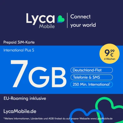 LYCA MOBILE Lyca Prepaid Smartphone SIM Karte ohne Vertrag International Plus S 7GB 250 Min