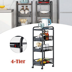 4 Tiers Kitchen Narrow Rolling Cart Bathroom Living Room Storage Basket Trolley 