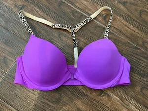 VICTORIA'S SECRET "PINK" WEAR EVERYWHERE LINED PURPLE DEMI BRA LEOPARD STRAP 32A - Picture 1 of 8