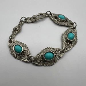 Vintage Armband Faux Türkis Silberfarben Stationen Glieder - Bild 1 von 7