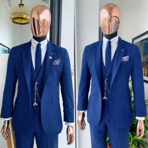 Royal Blue Striped Suits for Men Wedding Business Jacket Trouser 2 Pieces Custom - Picture 1 of 18