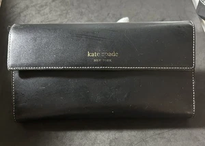 Kate Spade New York Flap Bi-Fold Leather Wallet Black With Green Inside - Picture 1 of 13