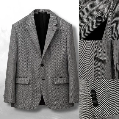 Business Men Blazer Suits Herringbone Wedding Party Tuxedos Tailored Notch Lapel - Image 1 of 4