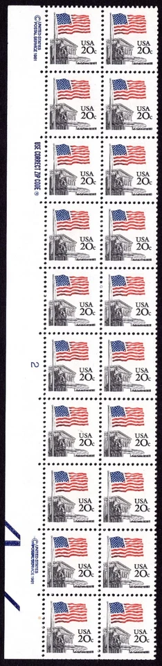 Scott #1894a Flag over Supreme Court Plate Block of 20 Stamps - MNH P#2 Left - Image 1 of 1