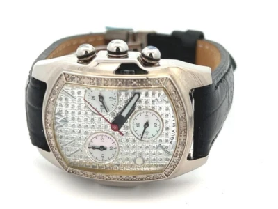 Reloj Aqua Master para hombre esfera plateada correa de cuero negro diamante 0,12 quilates Foto 1 de 4