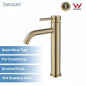 Decaura Basin Mixer Tap Brushed Gold Bathroom Tall Gooseneck Stainlese Steel - Picture 1 of 8