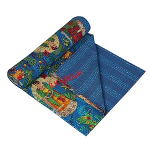 Blue Frida Kahlo Cotton Vintage Quilt Blanket King Bedspread Kantha Throw 90x108 - Picture 1 of 5