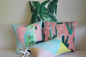 Art Almond Pink Aqua Green Leaf Home Cotton CUSHION COVER Throw PILLOW CASE 18" - Foto 1 di 6