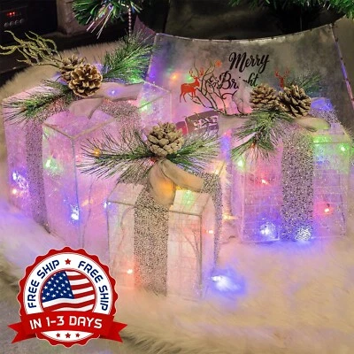 Juego De 3 Cajas De Regalo De Navidad Con 60 Luces LED Para Árbol Decoraciones. - Image 1 of 4