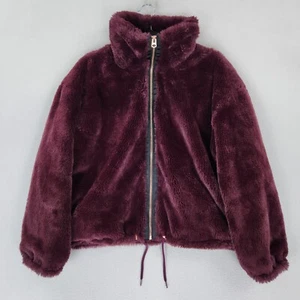 Lucky Brand Jacket Womens Large Burgundy Plush Teddy Full Zip Faux Fur Casual - Picture 1 of 12