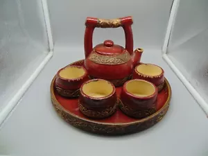 Tea Set Pier 1 Shanghai Teapot, 4 cups, and Tray Heavy and Unique Earthenware - Picture 1 of 5