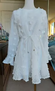INDIKAH white shift dress puffy long sleeves buttons lined belt zip size 8 - Picture 1 of 12