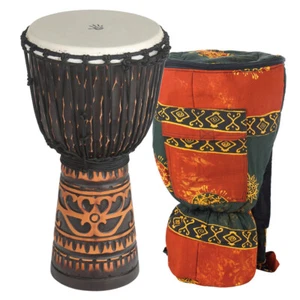 Tamburo Djembe antico cioccolato intagliato profondo, 10 pollici. con borsa - Foto 1 di 4