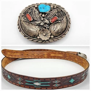 Vtg Navajo Native American Sterling Silver Turquoise & Coral Belt Buckle & Belt - Picture 1 of 11