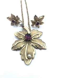 Vtg Maple Leaf 15” Necklace Earring Screw Back Earrings Faux Pearl Amethyst - Picture 1 of 12