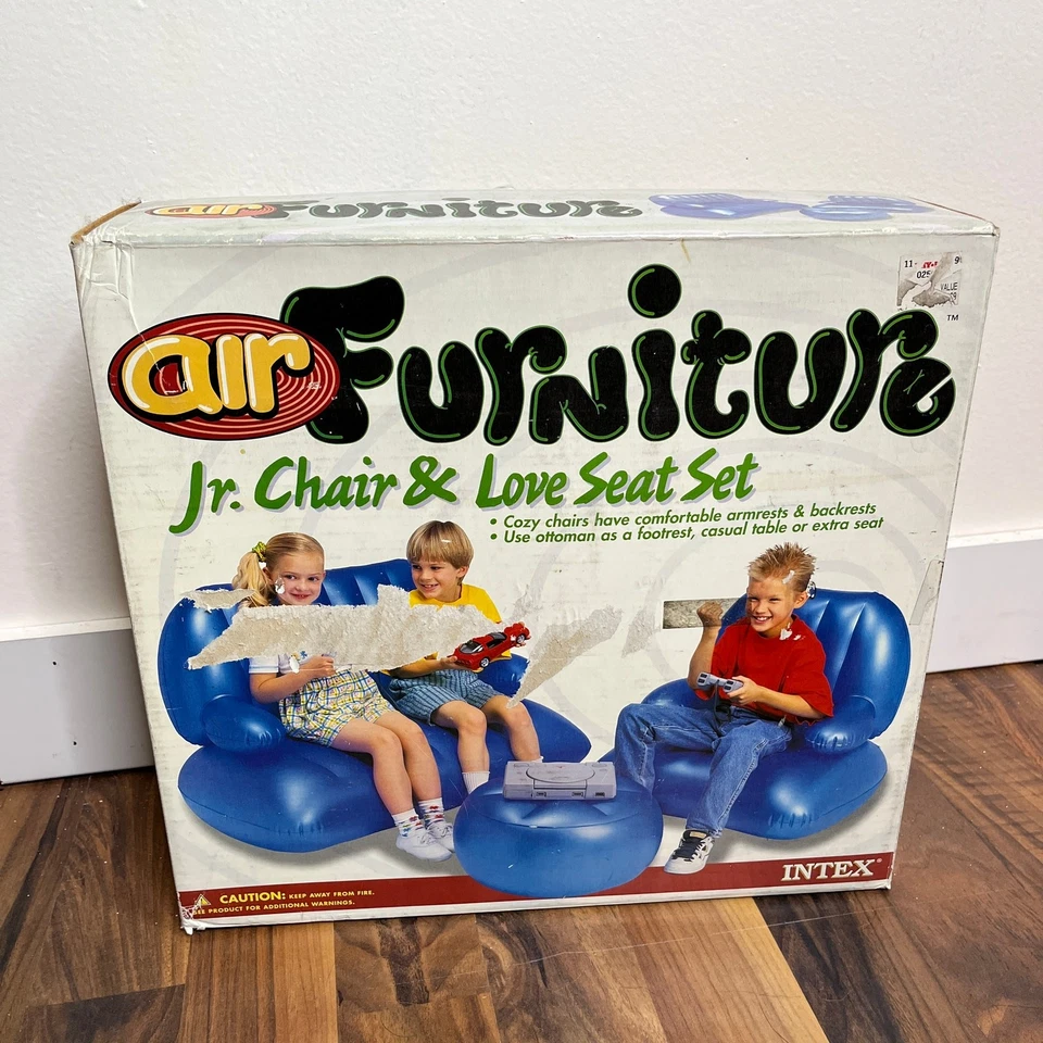 Silla inflable vintage años 90 Y2K Intex Air Furniture Jr Chair Love Seat conjunto azul Foto 1 de 4