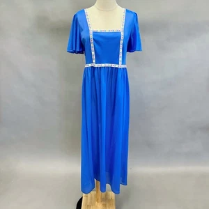 Camisón Vintage Años 70 Azul Maxi Largo Manga Corta Edelweiss Cinta Talla Mediana - Imagen 1 de 16